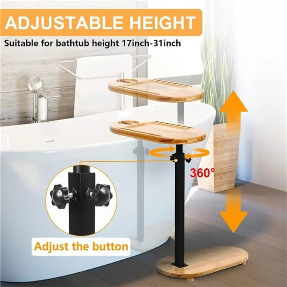 Bamboo Bathtub Tray Table with Adjustable Height  Wine Glass Phone Holder